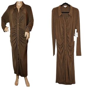 NWT Good American Brown Mocha Stretch Slinky button front midi dress. Size 5. 2X